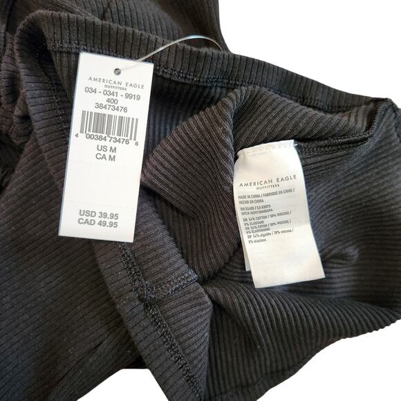American Eagle AE Rib Knit Keyhole Tie-Front Tee T-Shirt Crop Top Black Medium - Picture 7 of 9